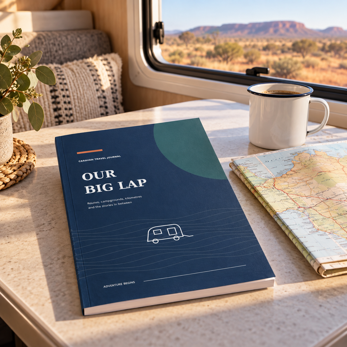 Our Big Lap journal beside a map and mug on a caravan table